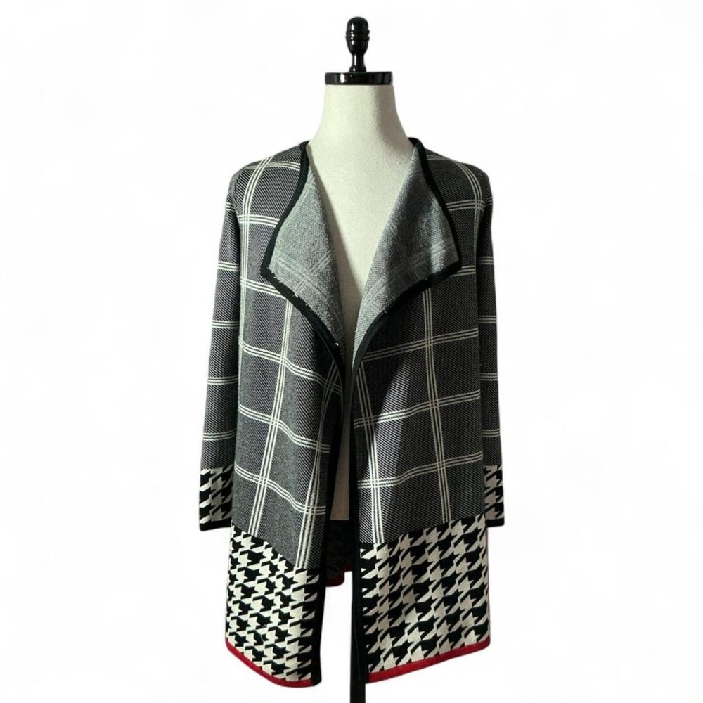 Venus Plaid Houndstooth Trim Waterfall Cardigan Women Plus‎ Size Black White